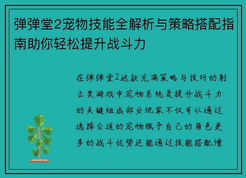 弹弹堂2宠物技能全解析与策略搭配指南助你轻松提升战斗力